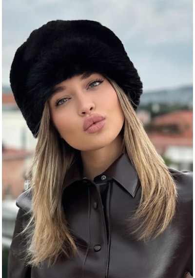 Mollycrush Kışlık Kadın Trend Peluş Siyah Suni Kürk Kalpak Şapka Kazak Rus Tarzı Siyah