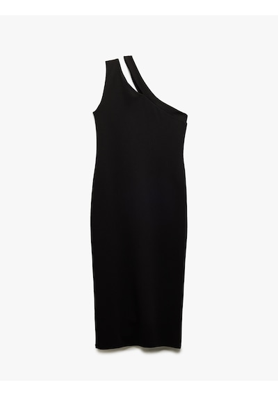 Koton Krep Scuba Kumaş Aksesuarlı Slim Midi Boy Tek Omuz Elbise Siyah 5sak80358ek Siyah