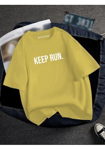 Oversıze Keep Run Baskılı Unısex Tisort Baskılı Sari