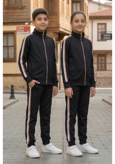 Pina Kids Erkek Çocuk Dik Yaka Üç Şeritli Şardonlu Dalgıç Eşofman Takımı Bej - Siyah