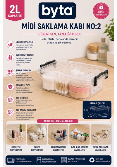 2 L Kilitli Kapaklı Çok Amaçlı Saklama Kabı Şeffaf Plastik Organizer Kutu Şeffaf