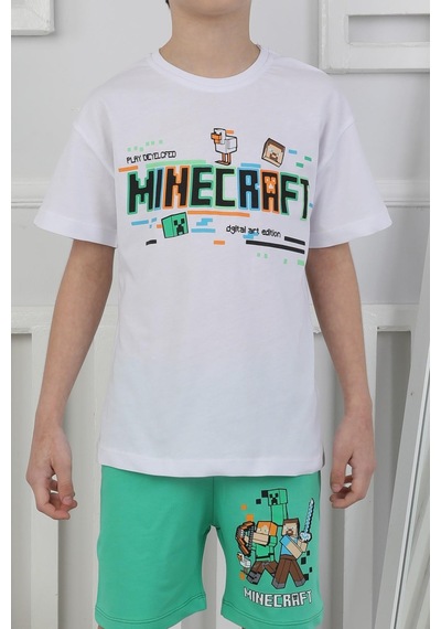 Minecraft Baskı Erkek Çocuk Şortlu Takım-90353 Yeşil