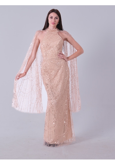 Feminist Gold Boyundan Pelerin Detaylı Pul Payet İşlemeli Straplez Abiye 9705827