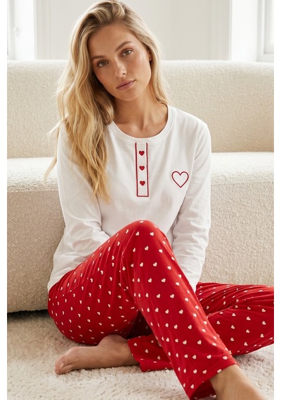 Siyah İnci Nakışlı Pamuklu Likralı Bisiklet Yaka Örme Pijama Takım 26240284 Ekru
