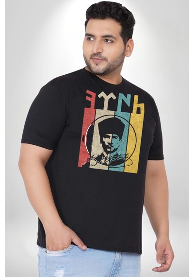 Angemiel Atatürk İmzalı Türk Logo Siyah Büyük Beden Erkek Kadın Unisex Basic Ön Baskılı Tişört Siyah