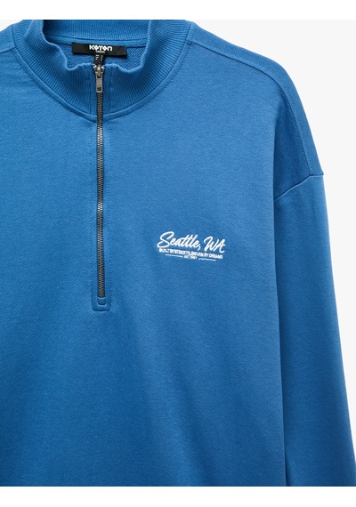 Koton Pamuklu Regular Fit Nakışlı Uzun Kollu Yarım Fermuarlı Sweatshirt Mavi 7wam70131mk