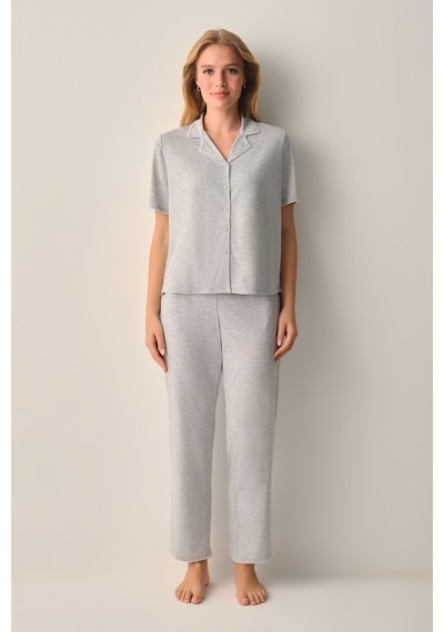 Suwen Hilary Gömlek Yaka Pijama Takımı Sh26628660b051 Gri Melanj