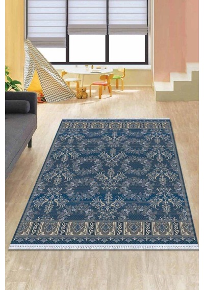 Mavi Vintage Dokuma Pamuk Tabanlı Kaymaz Kilim Klm221n11