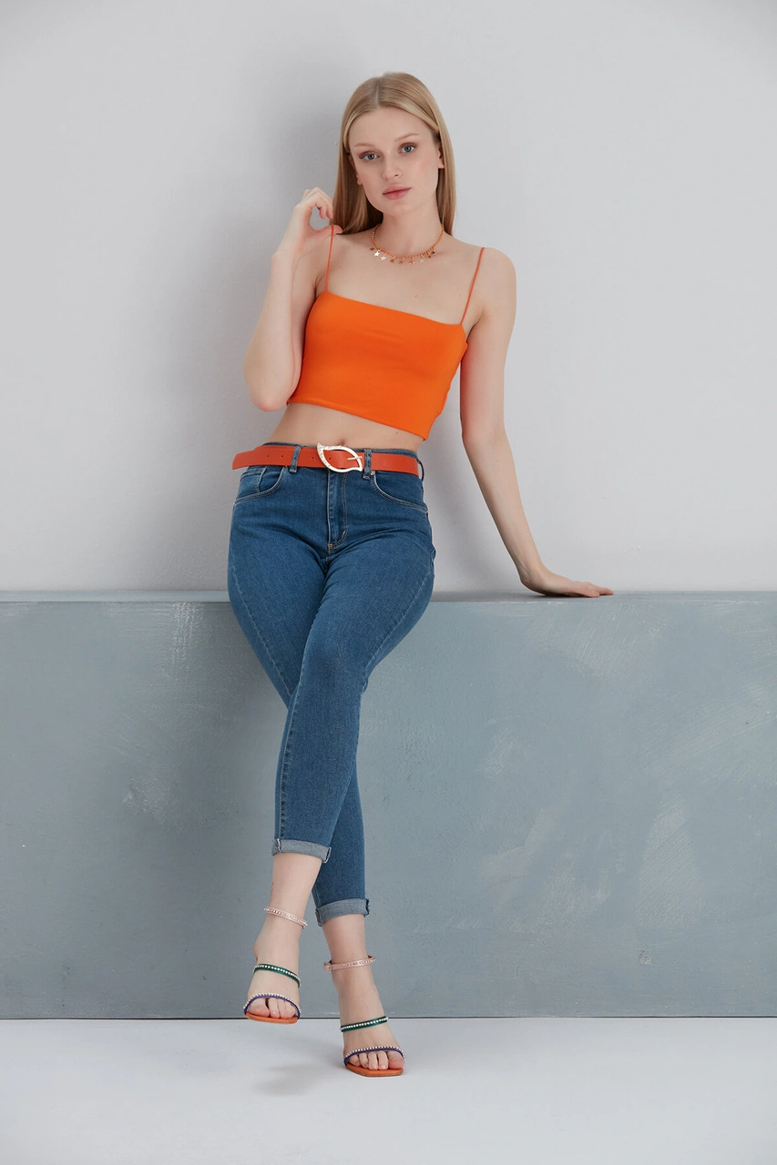 Mamayaga Kadın Askılı Şık Croptop Bluz Turuncu