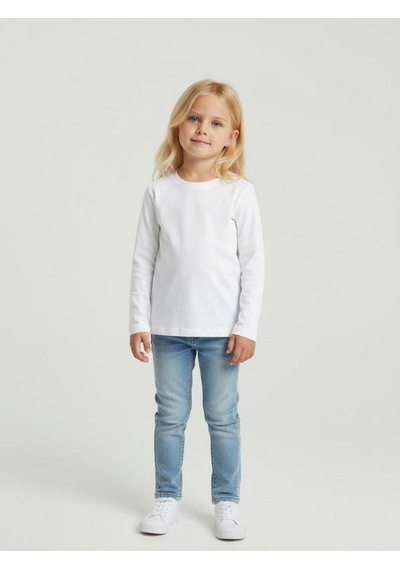 Zekids Kız Çocuk Pamuklu Bisiklet Yaka Uzun Kollu İnce Basic T-shirt-16776 Beyaz