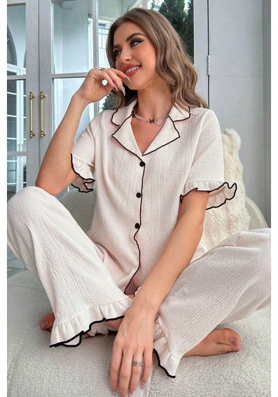 Bella Notte Bej Kısa Kollu Düğmeli Mevsimlik Pijama Takımı
