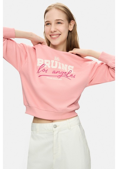 Ucla Mello Pembe Bisiklet Yaka Crop Baskılı Loose Fit Kadın Sweatshirt Pembe
