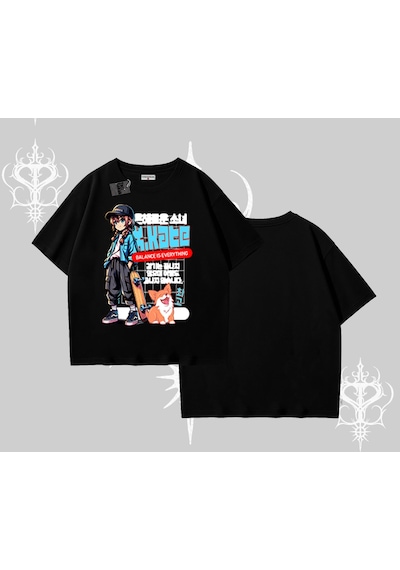 Tarzsokak Oversize Tshirt Anime Hiker Girl Balance Is Everything Baskılı Siyah