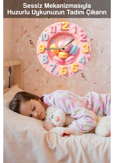 Pembe Kalpli Makaron Temalı Mdf Duvar Saati 3d Görünümlü, 2d Hd Baskı, Sessiz Mekanizmalı, Sdw233 Renkli