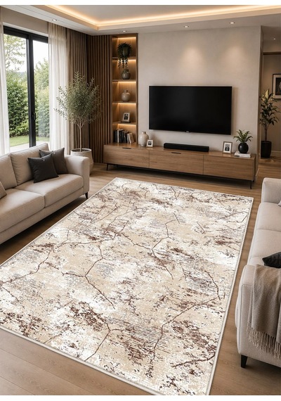 Kahverengi Krem Dijital Baskı Halı Kaymaz Tabanlı Yıkanabilir Halı Yolluk Salon Halısı2157