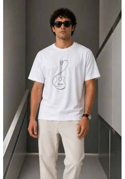 Efnaz Style Erkek Minimal Gitar Baskılı Tişört T-shirt Yazlık Kısa Kol Bisiklet Yaka T-shirt - Beyaz