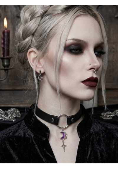 Ay Yıldız Detaylı Choker Kolye Kadın Gotik Boyunluk Kolye Alternatif Moda Yaka Kolyesi Punk Ve Cosplay Aksesuarı Mor
