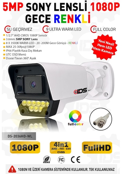5 Kameralı Renkli Gece Görüşlü 5mp Lensli Fullhd Gece Görüşlü 9 Led Kamerası Seti - 320gb