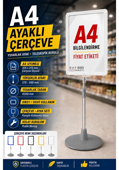 A4 Ayaklı Çerçeve Seti Yuvarlak Tabanlı Teleskopik Fiyat Etiketi Standı Beyaz