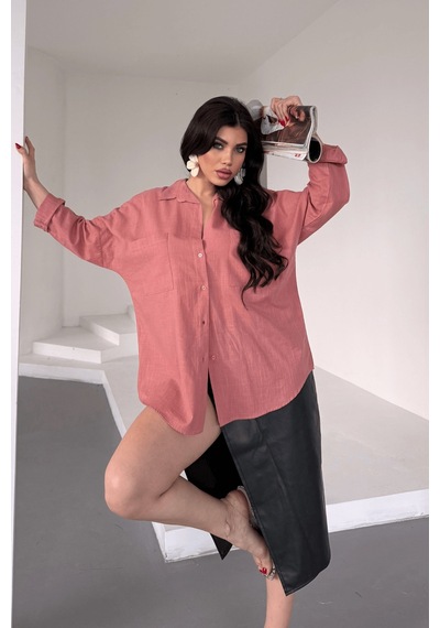 Paw Garage Kadın Harper Çift Cepli Oversize Keten Gömlek, 2025 Summer Collection Gül Kurusu