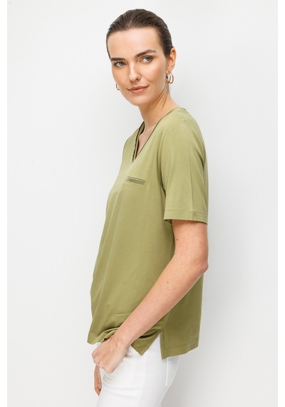 Desen Triko Kadın V Yaka Cebi Saten Şeritli Penye T-shirt 26828 Yeşil Yeşil