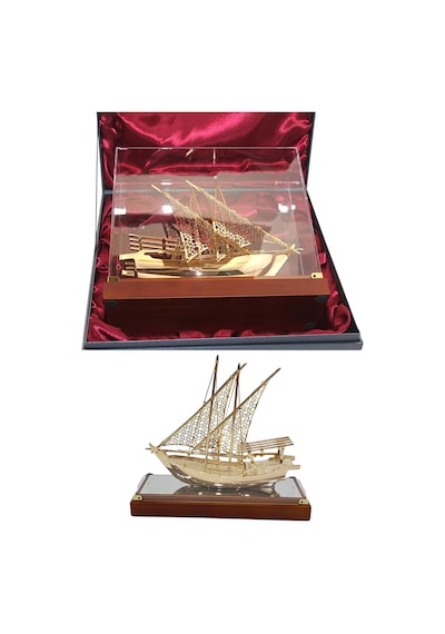 Pirinç Yelkenli Gemi Altın Kaplama Katar Dhow Teknesi Kutulu 29cm No.1