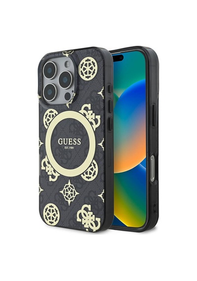 Apple Uyumlu iPhone 16 Pro Kılıf Guess Lisanslı Magsafe Özellik Iml Peony Ve 4g Desen Klasik Logolu Siyah