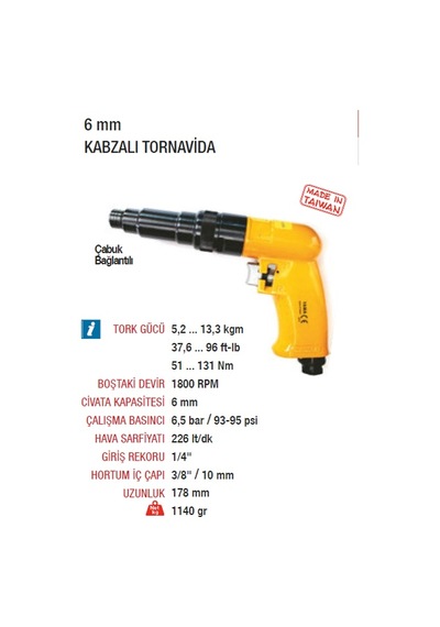 Yama At4086 Havalı Tornavida 6 MM Kabzalı Tip 1800 Devir
