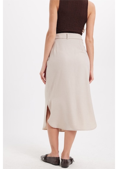 Tudors Kadın Slim Fit Dar Kesim Pileli Pamuklu Ön Düğme Kapamalı Kuşaklı Yırtmaçlı Taş Etek -50947
