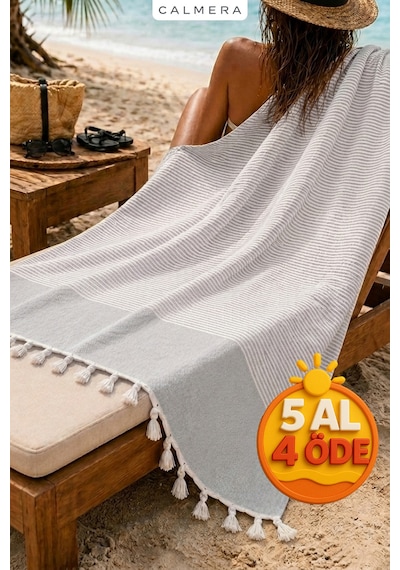 Calmera Çizgili Peştemal Pamuk - Doğal Saçaklı Plaj, Deniz, Havuz, Spa, Sauna, Spor, Seyahat Havlu - Gri
