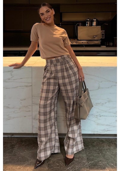 Madmext Bej Kare Desenli Rahat Kesim Pantolon Mg2728