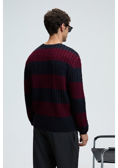 Grimelange BRAID Erkek Yuvarlak Yaka Saç Örgü Desenli Regular Fit Bordo - Lacivert Kazak