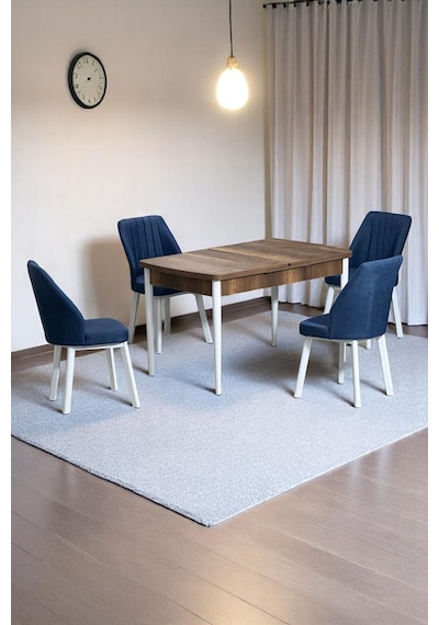 Florn Ceviz 80 x 132 Açılabilen MDF Masa Metal Ayaklı Mutfak Masası Takımı 4 Lacivert Sandalye Florn Ceviz 80 x 132 Açılabilen MDF Masa Metal Ayaklı Mutfak Masası Takımı 4 Lacivert Sandalye