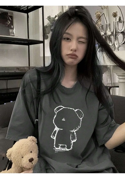 Flood Of Style Kadın Füme Çizgisel Ayı Baskılı Oversize T-shirt Gri
