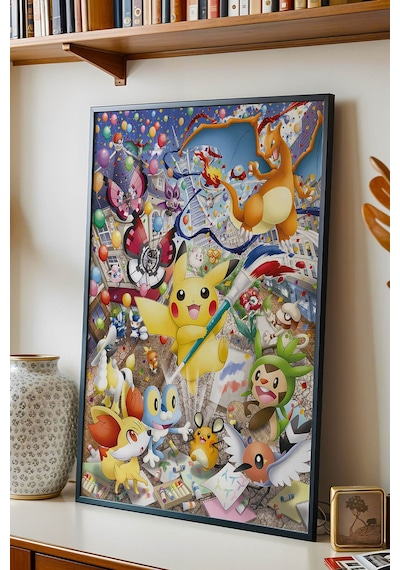 Pikachu Sanat Festivali Çerçeveli Tablo - Lüks Çok Renkli Pokemon Anime Çocuk Odası Duvar Dekoru Siyah