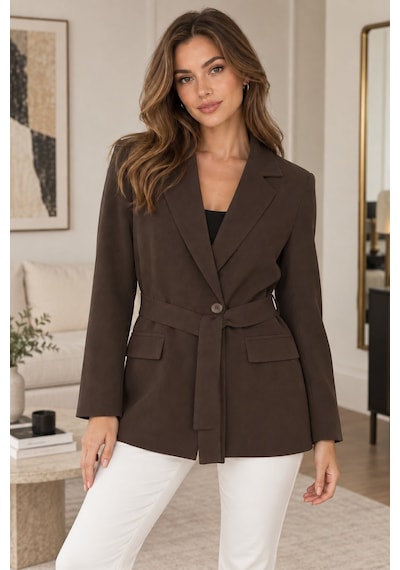 Lima Acı Kahve Kadın Kuşaklı Blazer Ceket Klasik Yaka Tek Düğmeli Cepli Şık Ceket