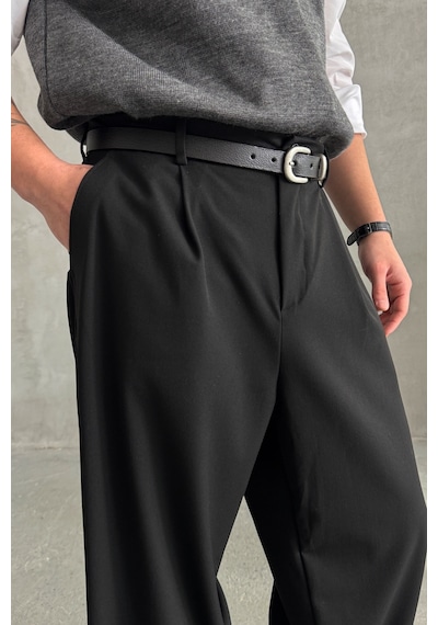 Erkek Pileli Ekstra Baggy Kalıp Kumaş Pantolon Siyah