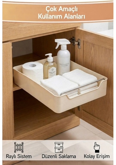 Kendinden Bantlı Sürgülü Raylı Çok Amaçlı Dolap İçi Organizer Banyo Mutfak Dolap Düzenleyici 26x34cm Krem