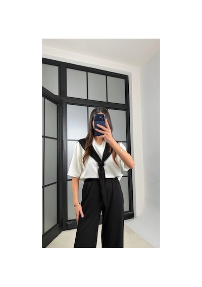 Miss Beyoğlu Kadın Şal Detaylı Basic Tshirt Beli Lastikli Pantolon İkili Eşofman Takımı Siyah