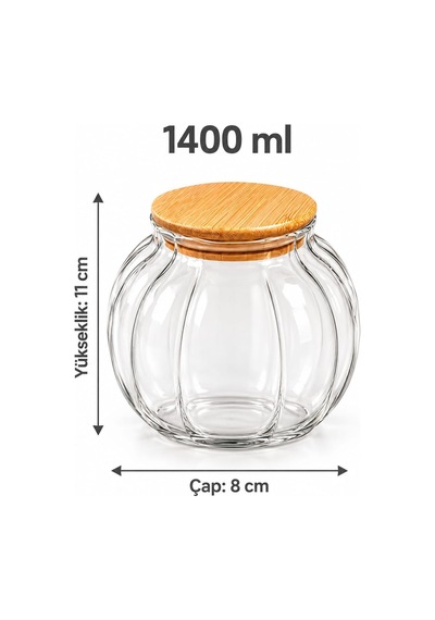 Morponi 1400 Ml Luna Bambu Kapaklı Dilimli Borosilikat Cam Kavanoz Seti 3 Lü Şeffaf