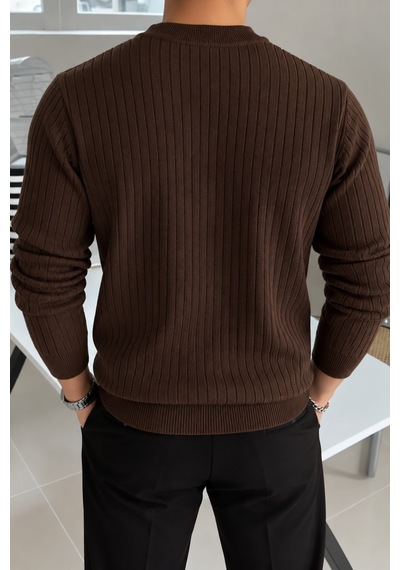Erkek Bisiklet Yaka Slim Fit Triko Kazak Kahverengi
