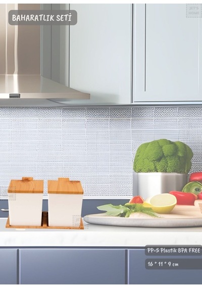 2 Li Bambu Renk Baharatlık Seti Plastik Kaşıklı Baharatlık Bpa Free Ahşap