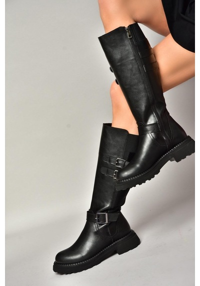 Fox Shoes T820857509 Siyah Düz Tabanlı Kadın Çizme Siyah-Suni Deri
