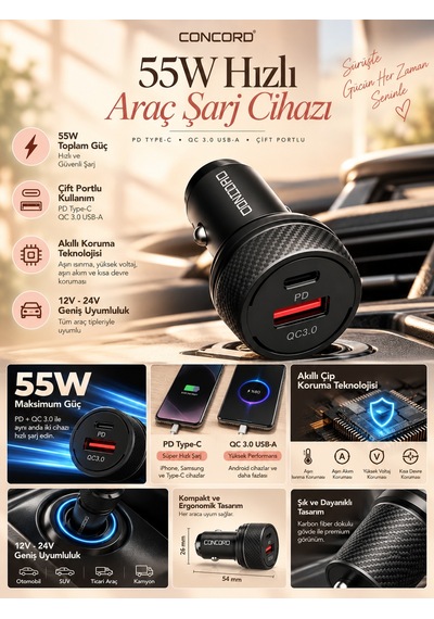 Concord 55w Hızlı Araç Şarj Cihazı Type-c Pd & Qc 3.0 Çift Çıkışlı Çakmaklık Adaptörü Siyah