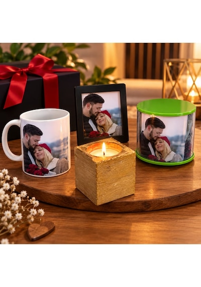 Kişiye Özel Hediye Seti-fotoğraflı Kupa Bardak-fotoğraf Çerçevesi-dönen Silindir Fotoğraf Çerçevesi-altın Gold Mum 1set