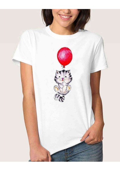 Watercolor Cat And Balloon Kadın Beyaz Tshirt