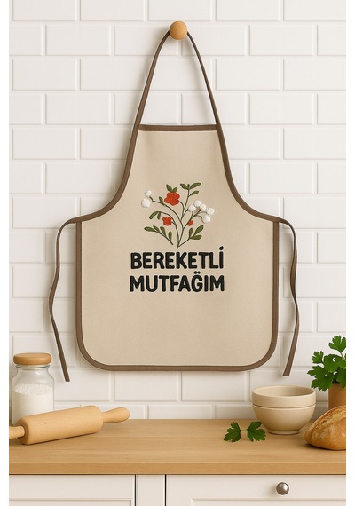 Bereketli Mutfağım Nakışlı Keten Yıkanabilir Mutfak Önlüğü Standart Beden 1 Adet 50x70 Cm Bej