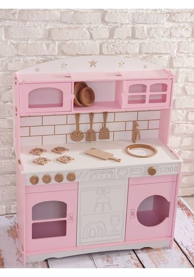 Boyalı Pembe Ahşap Oyuncak Bulaşık Makine Detaylı Mutfak Tabak Ve Spatula Seti Hediye