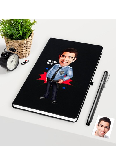 Kişiye Özel Bay Polis Karikatürlü Siyah Defter Kalem Seti - 1 Siyah