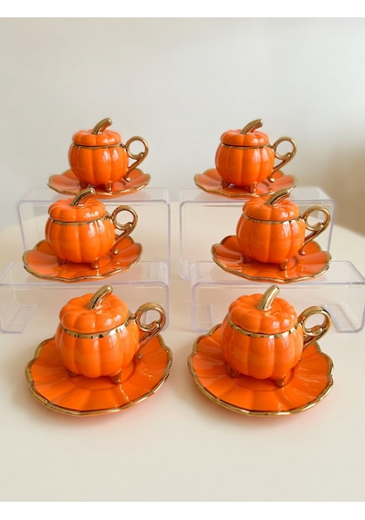 6 Lı Pumpkin Balkabağı Desenli Fincan Takımı - Kapaklı Ve Ayaklı Model Turuncu